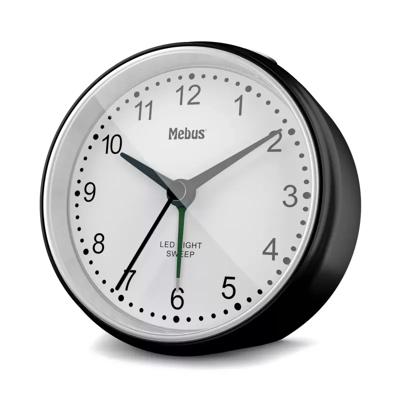 Quartz alarm clock Mebus 25806 Round Must Valge Analog aku AA