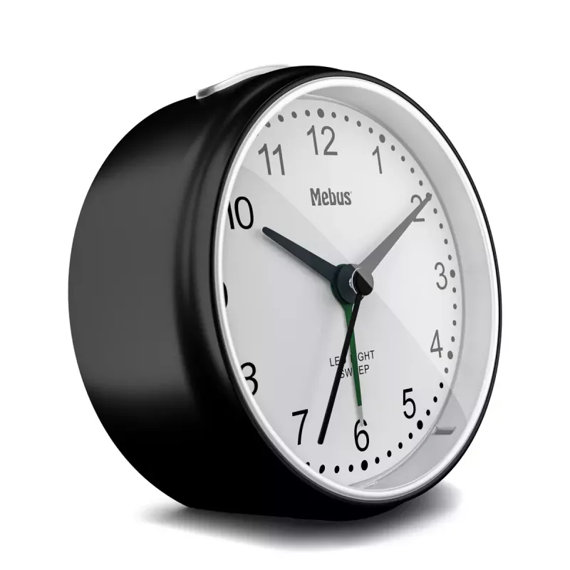 Quartz alarm clock Mebus 25806 Round Must Valge Analog aku AA