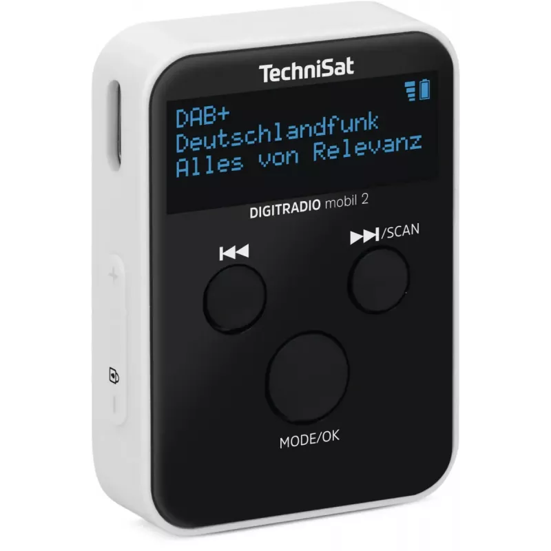 Kaasaskantav raadio TECHNISAT DIGITRADIO mobil 2 — DAB+ / FM, OLED 0.91 tolli, 3.5 mm, USB-C, Li-Ion 500 mAh, must/valge