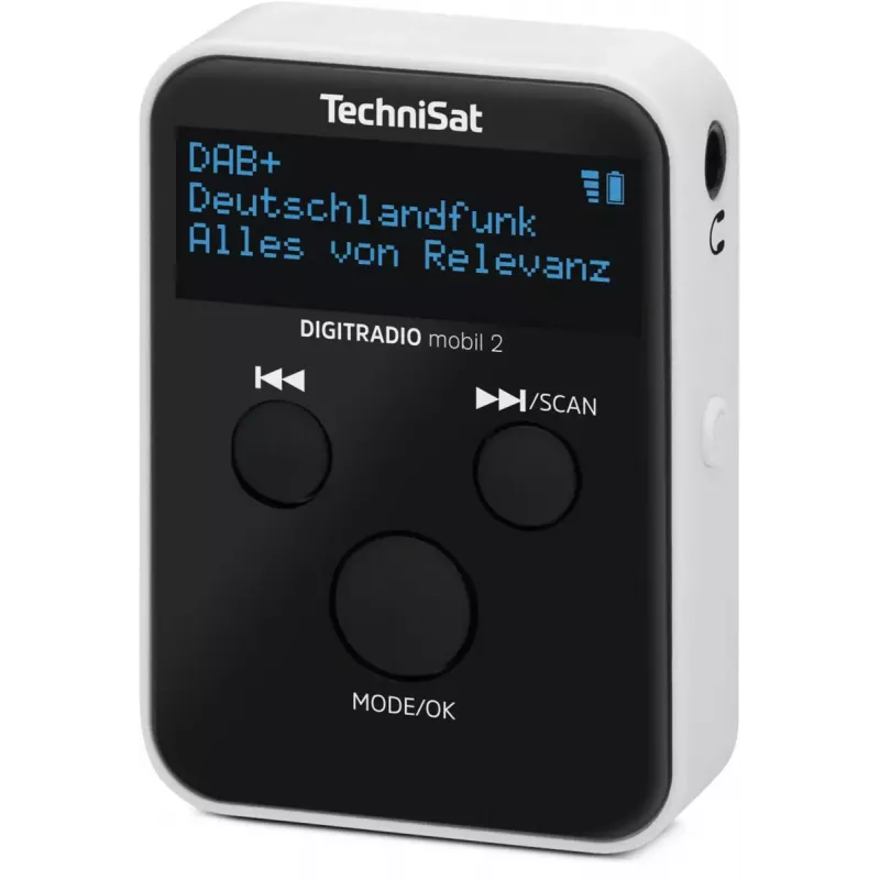 Kaasaskantav raadio TECHNISAT DIGITRADIO mobil 2 — DAB+ / FM, OLED 0.91 tolli, 3.5 mm, USB-C, Li-Ion 500 mAh, must/valge