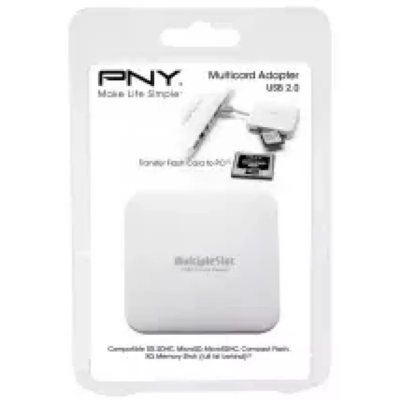 Kaardilugeja PNY All in One Reader — USB 2.0, 480 Mbit/s, toetab CF/SD/MicroSD/MS/MiniSD/MMC, valge, 54×54×13 mm, 29 g