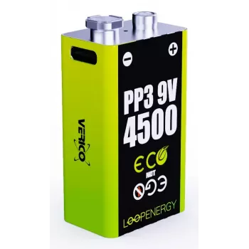 Laetav 9 V akukomplekt VERICO LoopEnergy PP3 4500 — Li‑Ion, 2 tk, 500 mAh, USB‑C laadimine