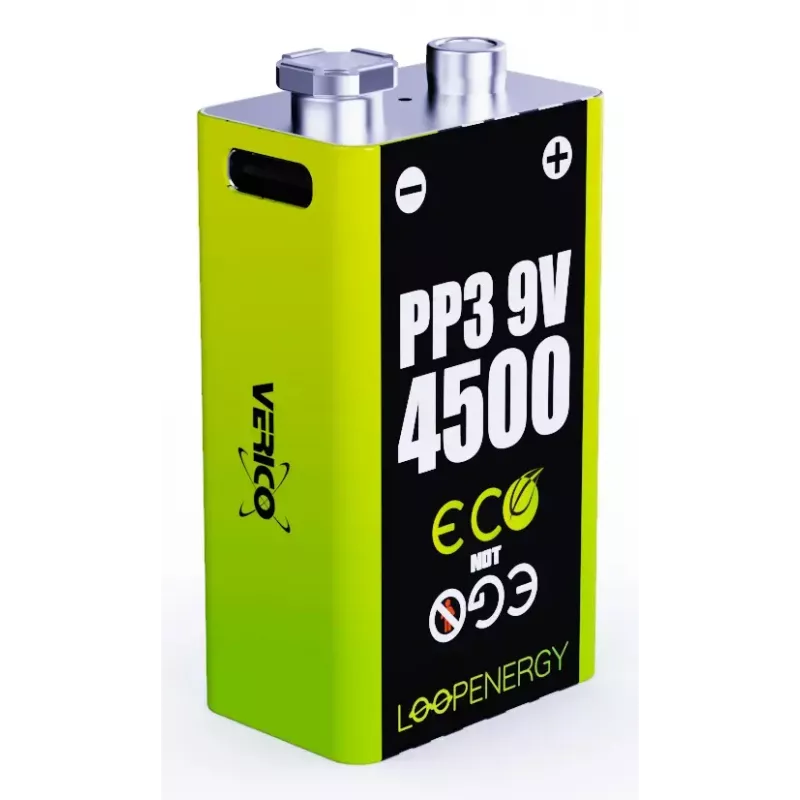 Laetav 9 V akukomplekt VERICO LoopEnergy PP3 4500 — Li‑Ion, 2 tk, 500 mAh, USB‑C laadimine