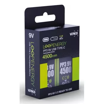 Laetav 9 V akukomplekt VERICO LoopEnergy PP3 4500 — Li‑Ion, 2 tk, 500 mAh, USB‑C laadimine