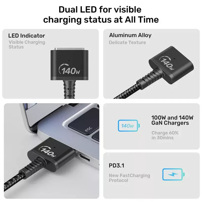 Toitekaabel UNITEK C14121BK-1M Must MagSafe 3 USB C 1m 28V 5A