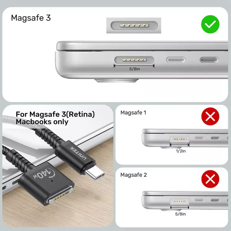 Toitekaabel UNITEK C14121BK-1M Must MagSafe 3 USB C 1m 28V 5A