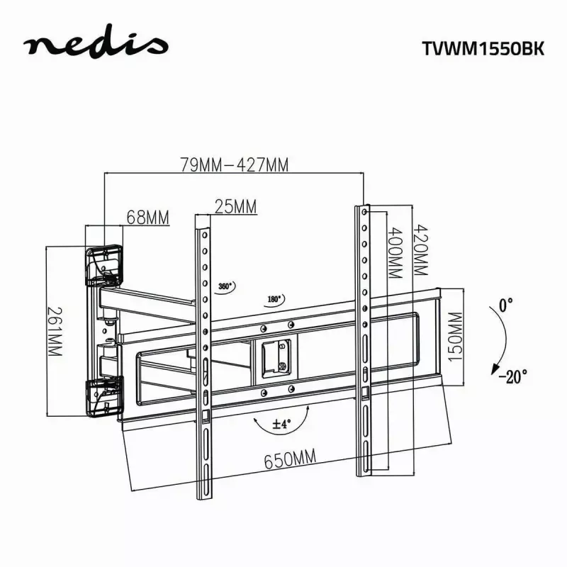 Teleri kinnitusstatiiv Nedis TVWM1550BK 94–177,8 cm (37–70 tolli) ekraanidele, max VESA 600x400, max koormus 25 kg, must