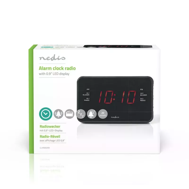 Digitaalne äratuskell Nedis CLAR002BK — LED-ekraan, AC 220–240 V, 130×80×70 mm, must