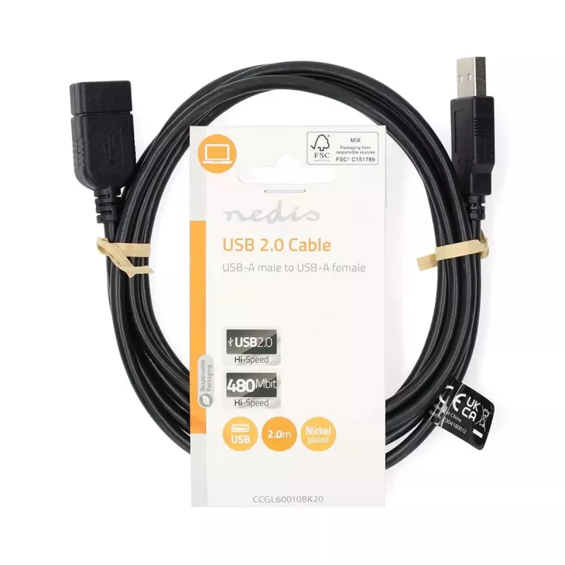 Nedis CCGL60010BK20 USB 2.0 pikenduskaabel, A-pistik A-pesale, 2 m, must