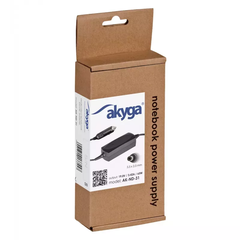 Akyga AK-ND-31 auto toiteadapter Asus / Toshiba sülearvutitele, 65 W, 19 V / 3,42 A, 5,5 x 2,5 mm, 12 V sisend