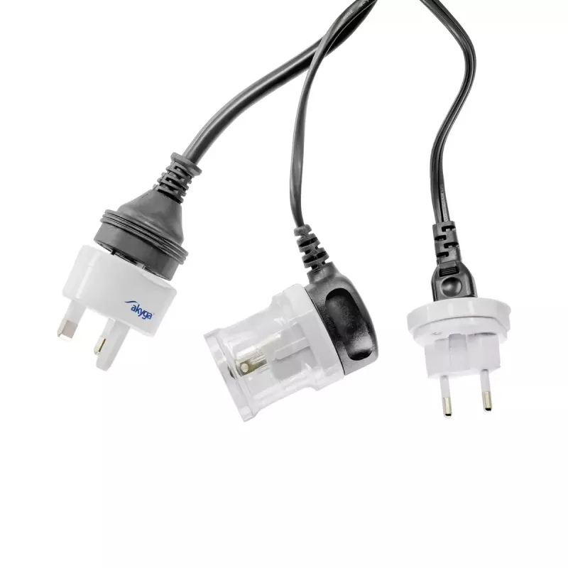 Toiteadapter Akyga AK-AD-61 — siseruumides kasutamiseks 110–240 V, kompaktne valge 48×48×86 mm