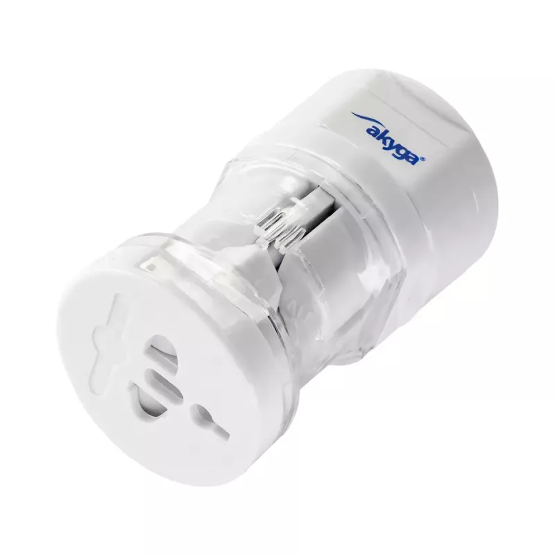 Toiteadapter Akyga AK-AD-61 — siseruumides kasutamiseks 110–240 V, kompaktne valge 48×48×86 mm
