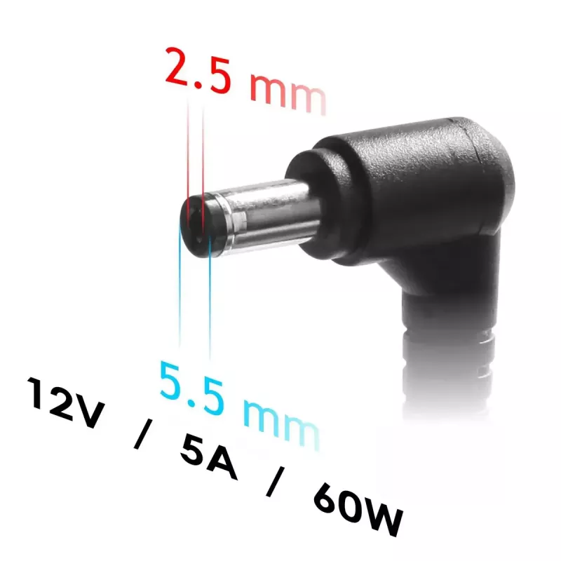 Sülearvuti laadija Akyga AK-ND-85, siseruumides kasutatav vahelduvvooluadapter sisendiga 100–250 V, väljund 12 V 5 A, kaabel 1,2 m, must