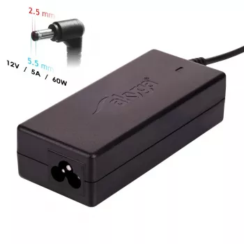 Sülearvuti laadija Akyga AK-ND-85, siseruumides kasutatav vahelduvvooluadapter sisendiga 100–250 V, väljund 12 V 5 A, kaabel 1,2 m, must