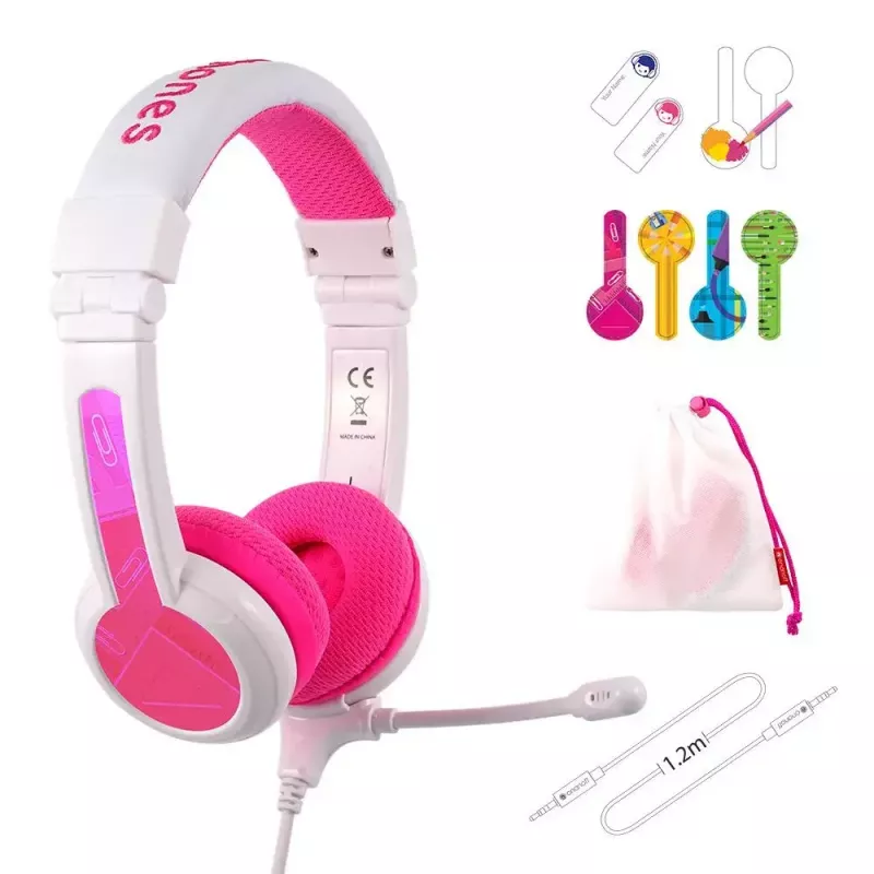 BuddyPhones School+ juhtmega peakomplekt peapaelaga kõnedeks ja muusikaks, 20–20000 Hz, 1,4 m kaabel, roosa/valge