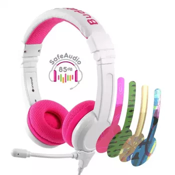 BuddyPhones School+ juhtmega peakomplekt peapaelaga kõnedeks ja muusikaks, 20–20000 Hz, 1,4 m kaabel, roosa/valge
