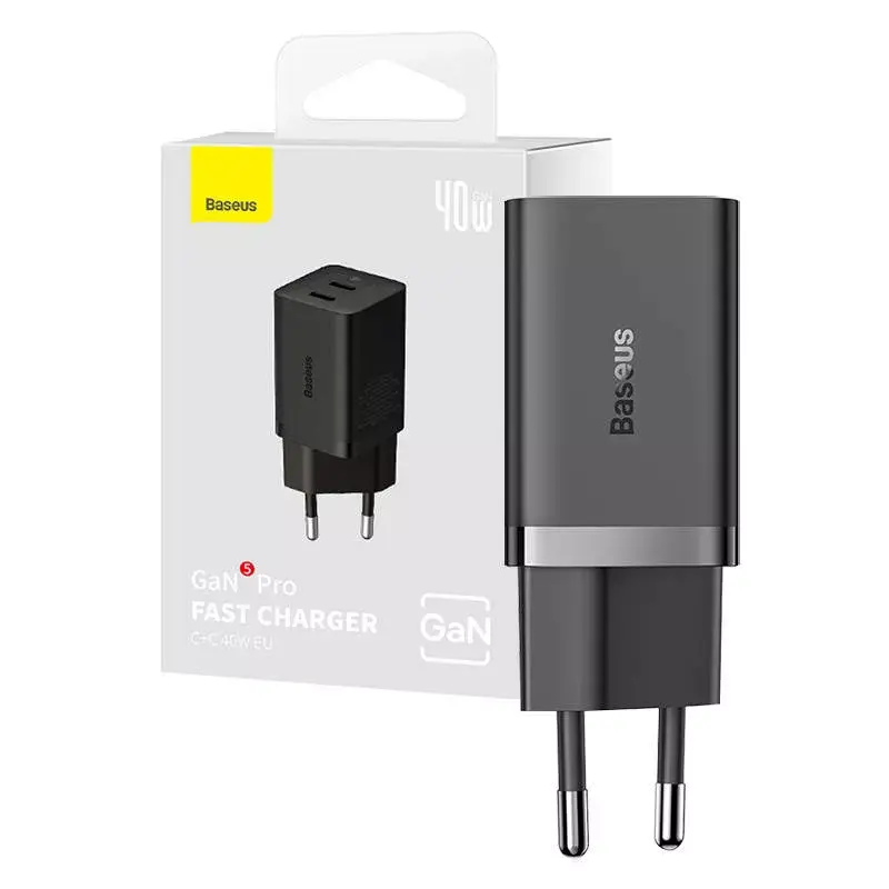 Baseus seinilaadur GaN5 40W, 2x USB C (must)
