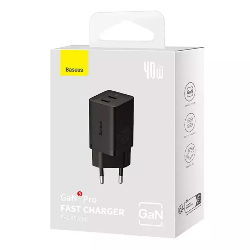 Baseus seinilaadur GaN5 40W, 2x USB C (must)
