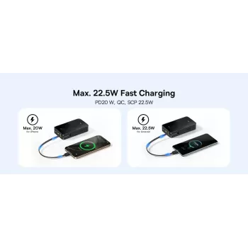 Akupank Baseus EnerFill Bipow2 Pro — 20000 mAh, PD 3.0 ja QC 3.0, 22.5 W, 1×USB-A + 1×USB-C, must, kuni 3 seadet