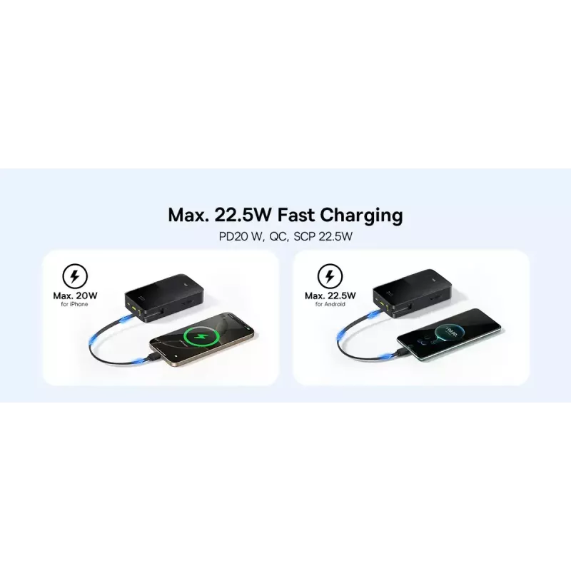 Akupank Baseus EnerFill Bipow2 Pro — 20000 mAh, PD 3.0 ja QC 3.0, 22.5 W, 1×USB-A + 1×USB-C, must, kuni 3 seadet