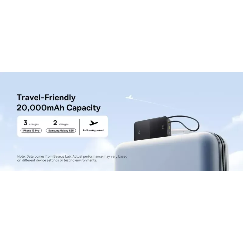 Akupank Baseus EnerFill Bipow2 Pro — 20000 mAh, PD 3.0 ja QC 3.0, 22.5 W, 1×USB-A + 1×USB-C, must, kuni 3 seadet