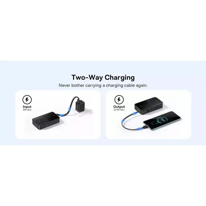Akupank Baseus EnerFill Bipow2 Pro — 20000 mAh, PD 3.0 ja QC 3.0, 22.5 W, 1×USB-A + 1×USB-C, must, kuni 3 seadet
