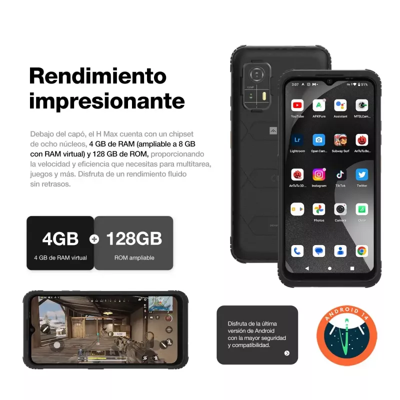 Nutitelefon AGM H Max — 6,56-tolline ekraan, Android 14, 4 GB muutmälu, 256 GB, Dual SIM, 10000 mAh, IP68, must