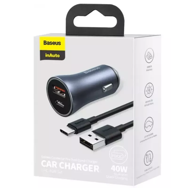 Auto laadija Baseus TZCCJD-0G 40W tumedalt hall — USB sõiduki toiteadapter, 40W väljund