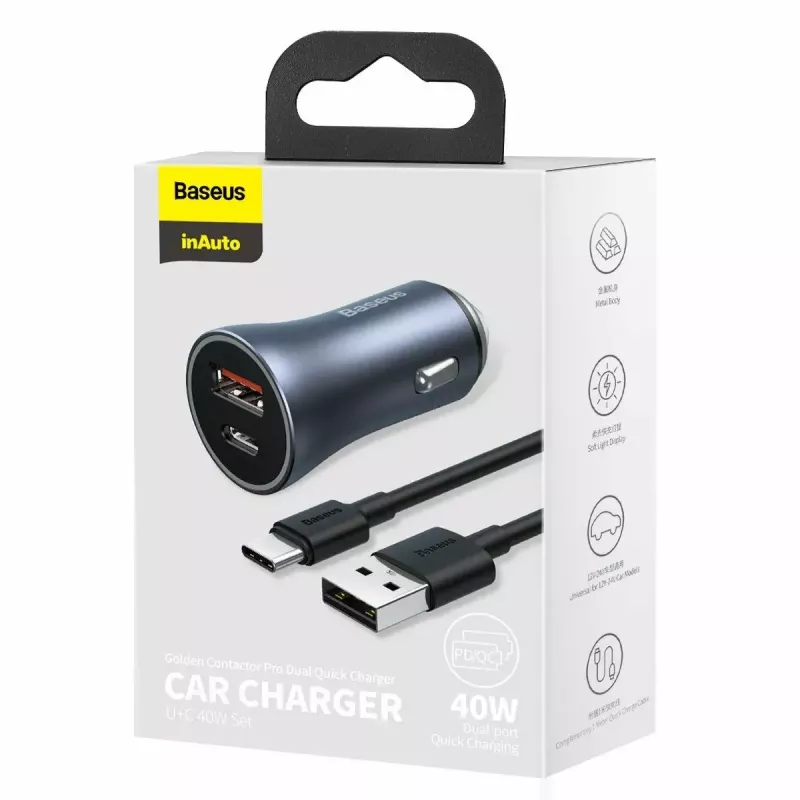 Auto laadija Baseus TZCCJD-0G 40W tumedalt hall — USB sõiduki toiteadapter, 40W väljund
