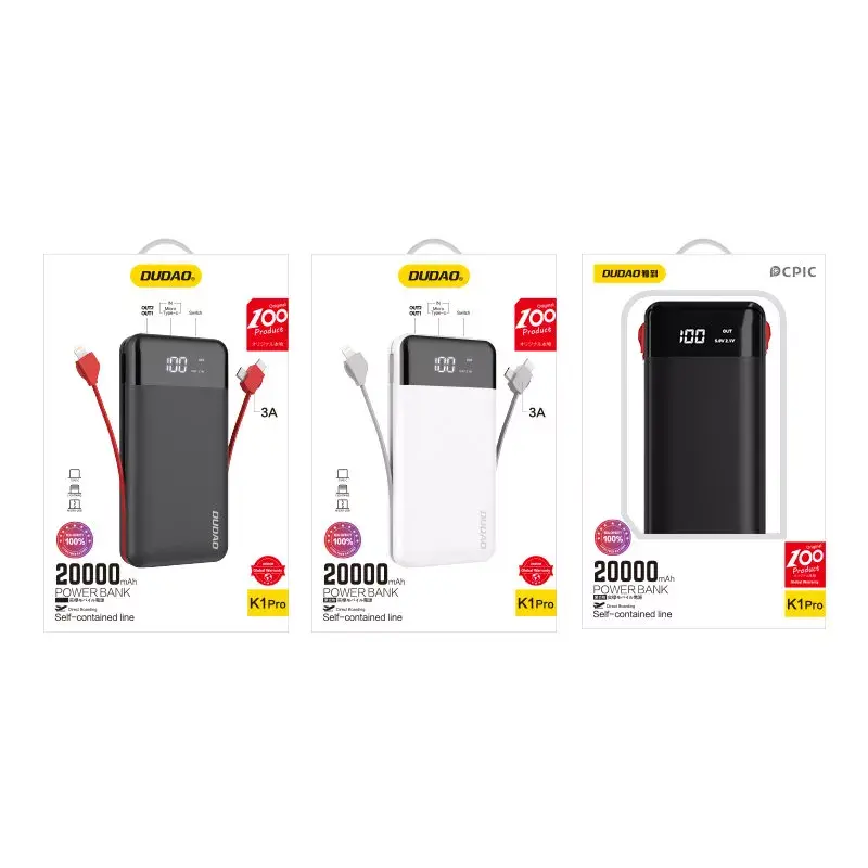 Akupank Dudao K1Pro 20000mAh 15W 4 integreeritud kaabliga, must