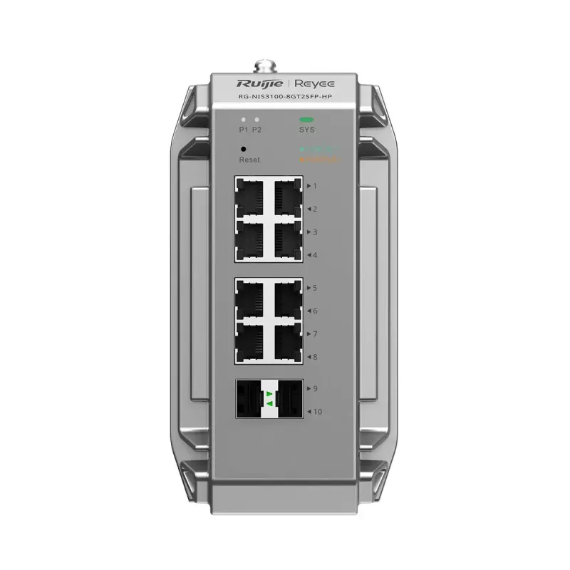 Hallatav L2 võrgukommutaator Ruijie RG-NIS3100-8GT2SFP-HP — 8× Gigabit RJ-45, 2× SFP, PoE, 12–56 V DC, 20 Gbit/s, 8000 MAC, Hall