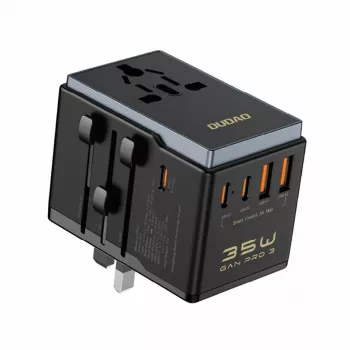 Reisiadapter Dudao A35Pro 35W, 3× USB-C ja 2× USB-A, mitme pistikuga EL/ÜK/AUS/USA/JP — must