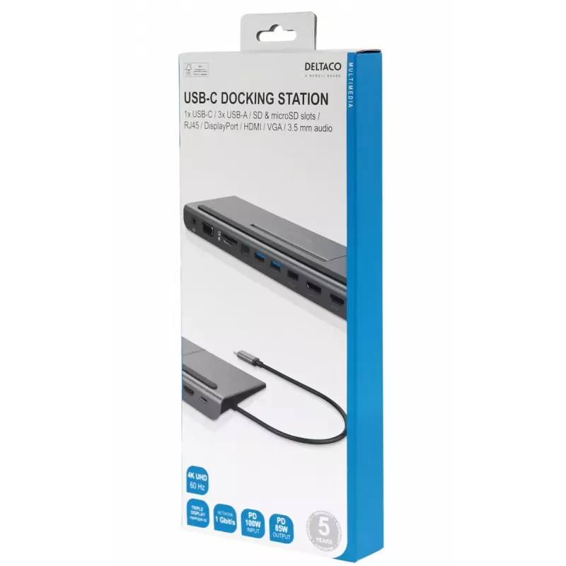 Sülearvuti dokkjaam Deltaco USBC-DOCK2 juhtmega USB 3.2 Gen 1 USB-C hall
