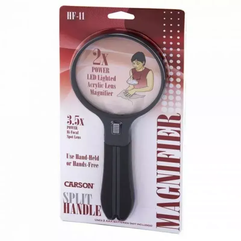 Suurendusklaas Carson Split Handle HF-11 — 3,5× käeshoitav luup, must/läbipaistev, AAA patarei