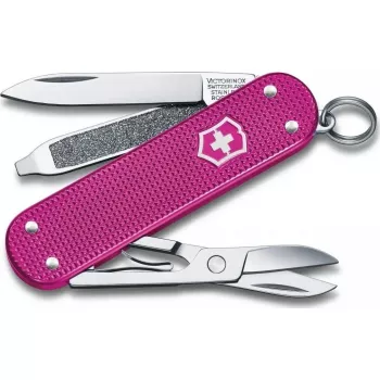 Taskunuga Victorinox Classic SD Alox Flamino Party punane — kompaktne mitmeotstarbeline tööriist tera, käärid, küüneviil, kruvikeeraja, võtmerõngaga
