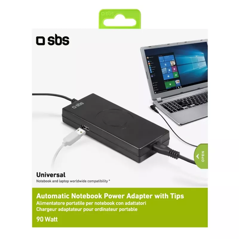 Toiteadapter SBS Portable 90W sülearvutitele, siseruumides, must, 2,2 m