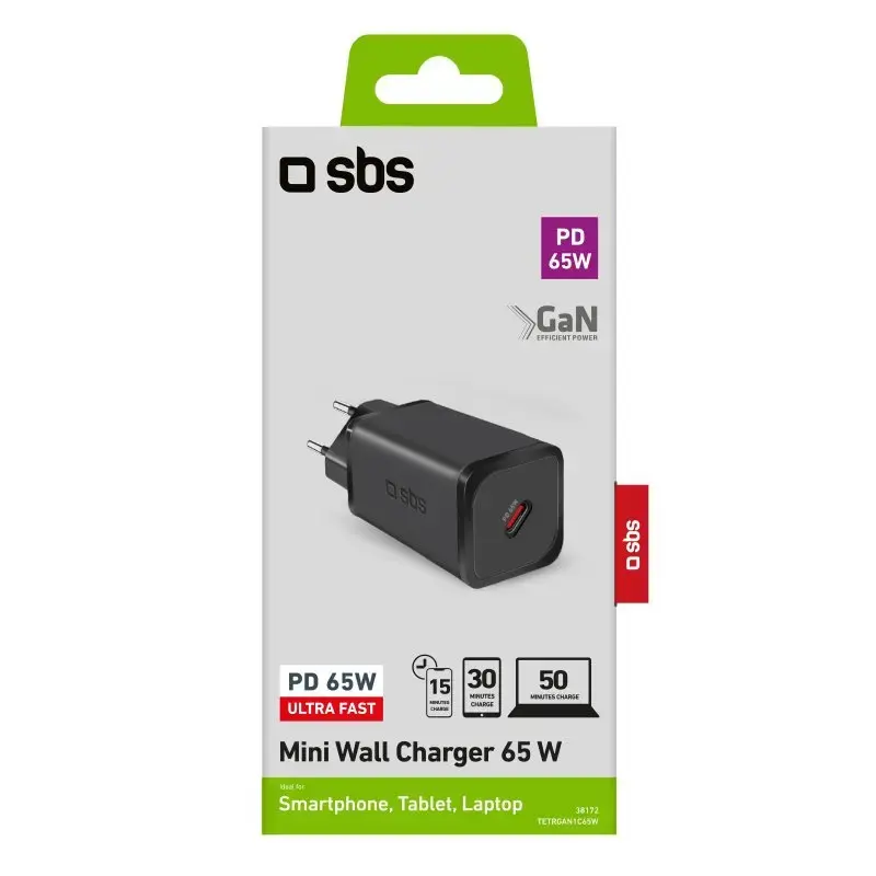 SBS Mobile sisene vahelduvvoolu kiirlaadija TETRGAN1C65W — 100–240V, 1x USB-C, must, nutitelefonile tahvelarvutile sülearvutile nutikellale kõrvaklappidele