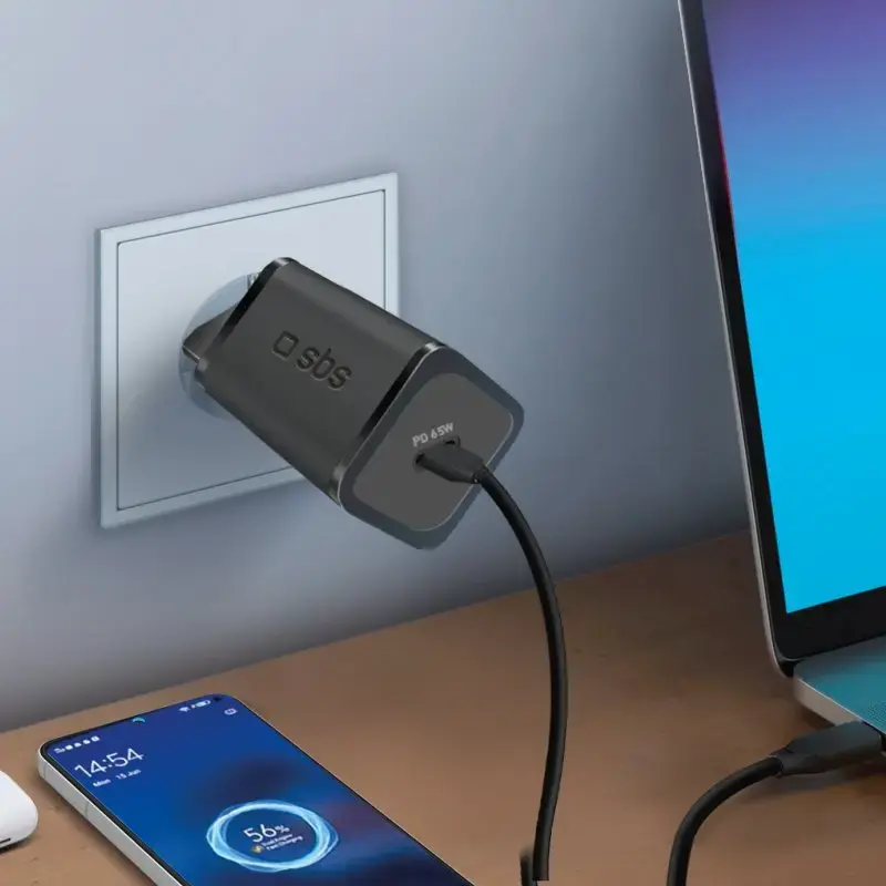 SBS Mobile sisene vahelduvvoolu kiirlaadija TETRGAN1C65W — 100–240V, 1x USB-C, must, nutitelefonile tahvelarvutile sülearvutile nutikellale kõrvaklappidele