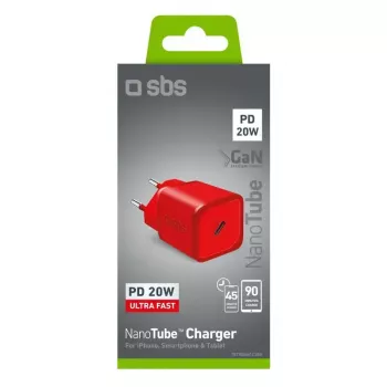 Laadija SBS Mobile TETRGAN1C20R — 20 W USB-C vahelduvvoolu siselaadija nutitelefonile, tahvelarvutile, nutikellale, kõrvaklappidele (punane)