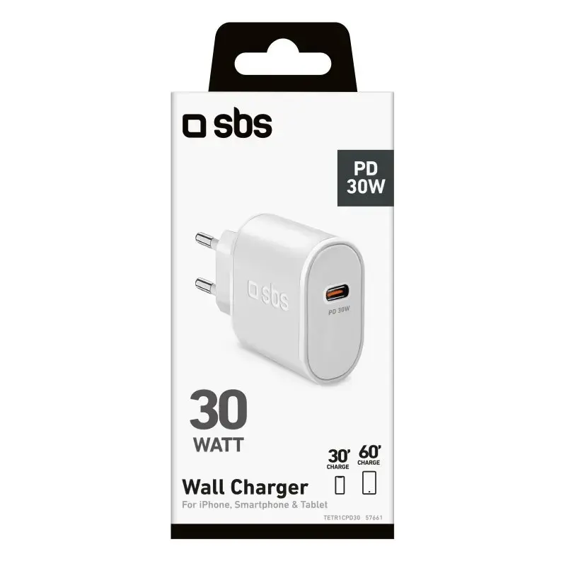 Mobiilseadme laadija SBS Mobile TETR1CPD30 — USB USB-C 1 port, vahelduvvoolu sisekasutus, 100–240 V sisend, kuni 20 V väljund, valge