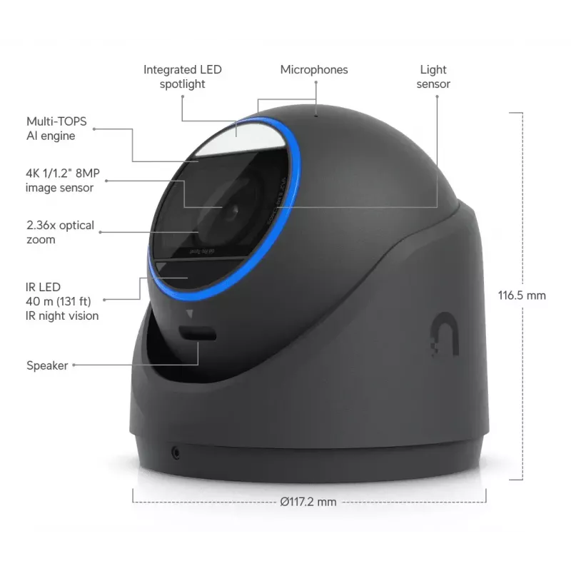 IP-turvakaamera UBIQUITI UVC-G6-Pro-Turret-B — 3840×2160, 1/1.2 tolli CMOS, 2.36× optiline suum, PoE+, lagi/seinale, sise-/välistingimustesse