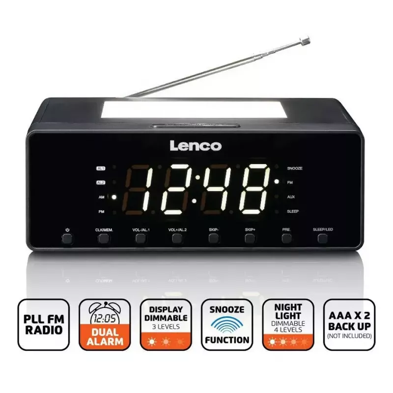 Kellraadio Lenco CR540BK — FM äratuskell, 1,2-tolline LED-ekraan, hämardatav öövalgus, USB-laadimine, stereokõlarid