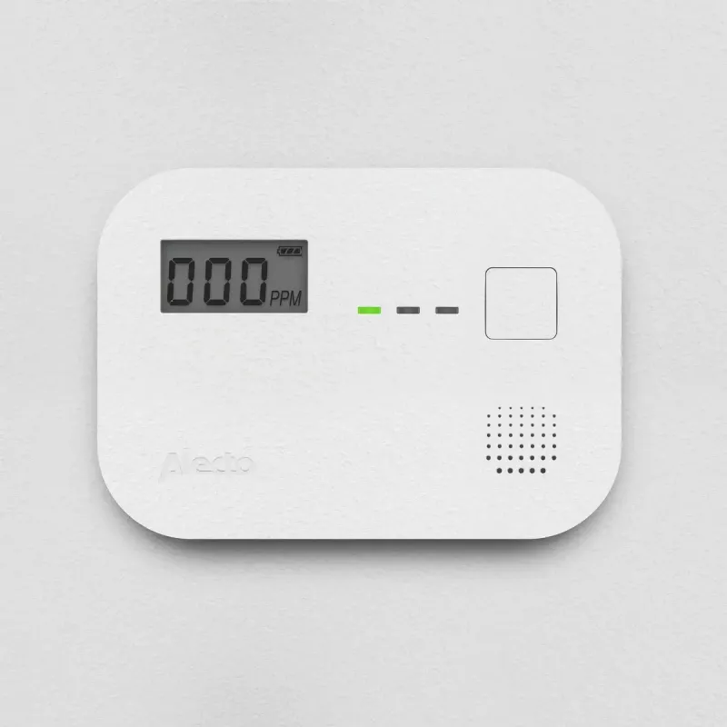 Süsinikmonooksiidi andur Alecto COA3910 — elektrokeemiline CO-andur, patareitoitega, valge, 110×78×37 mm