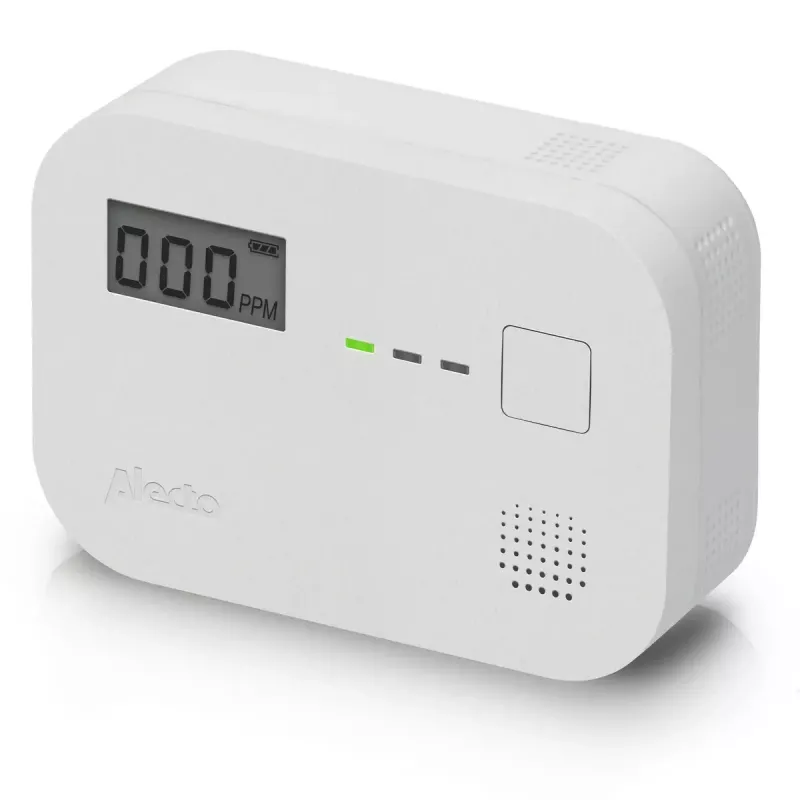 Süsinikmonooksiidi andur Alecto COA3910 — elektrokeemiline CO-andur, patareitoitega, valge, 110×78×37 mm