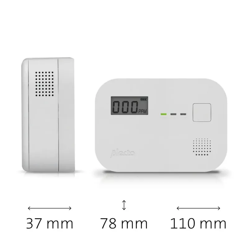 Süsinikmonooksiidi andur Alecto COA3910 — elektrokeemiline CO-andur, patareitoitega, valge, 110×78×37 mm