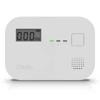 Süsinikmonooksiidi andur Alecto COA3910 — elektrokeemiline CO-andur, patareitoitega, valge, 110×78×37 mm