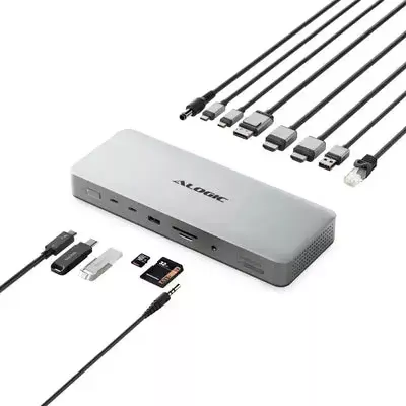 Sülearvuti dokk / pordireplikaator ALOGIC TB4DU4 — juhtmega Thunderbolt, 96 W, SD/MicroSD-kaardilugeja, 3,5 mm, alumiinium/ABS
