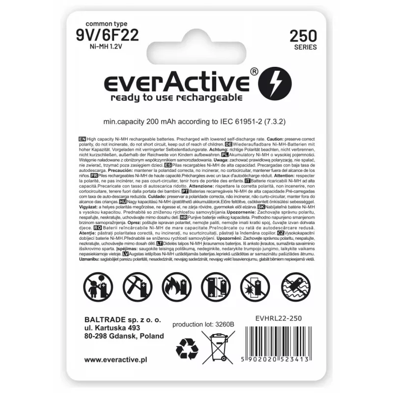 Laetavad patareid everActive Ni-MH 6F22 9V 250 mAh Silver Line