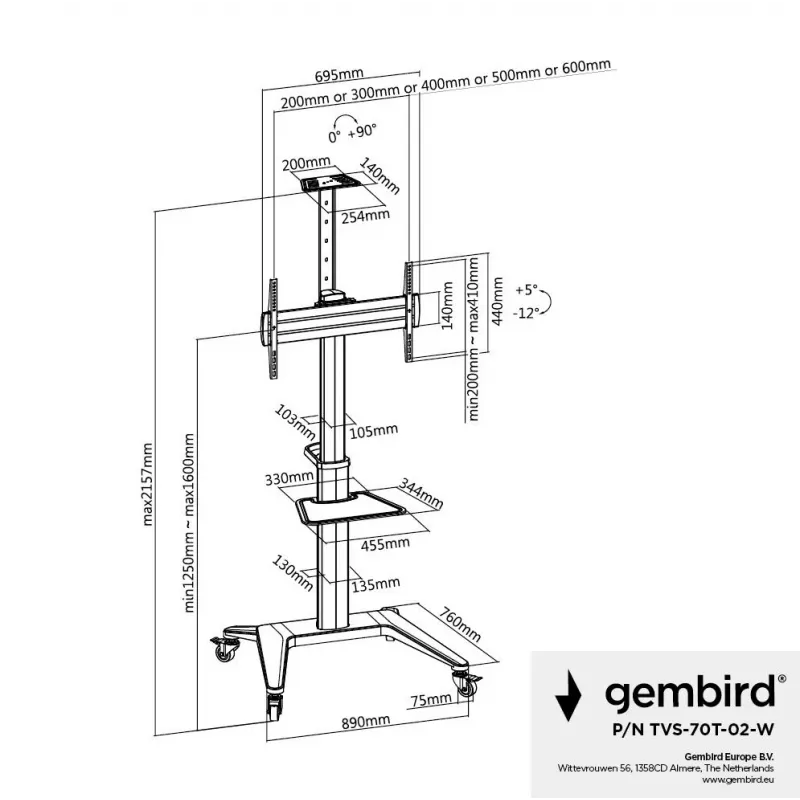 TV-aluse põrandaalus 37-70/Valge TVS-70T-02-W Gembird