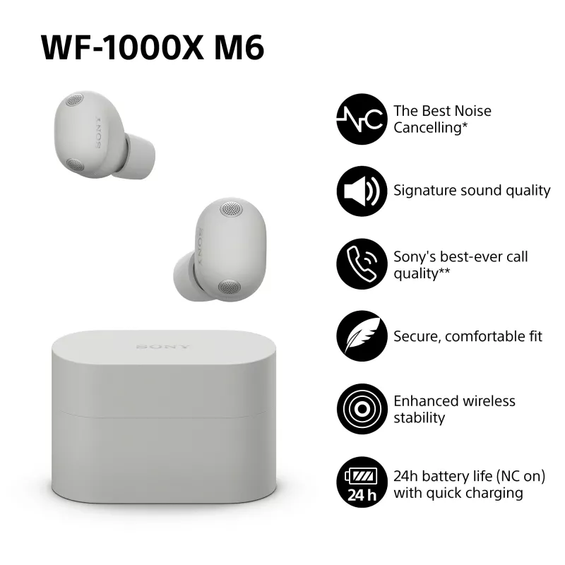Sony WF1000XM6S.CE7 peakomplekt Juhtmevaba Kõrvasisene Kõned/muusika Bluetooth Hõbedane